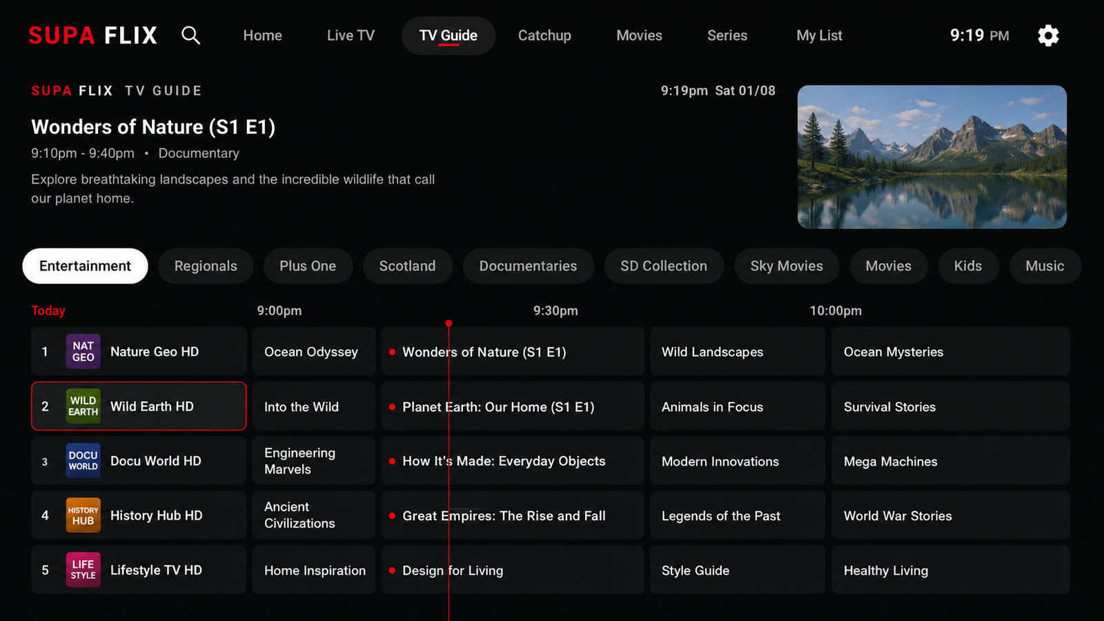 Supa Flix TV Guide screen showing a channel grid with programme schedule